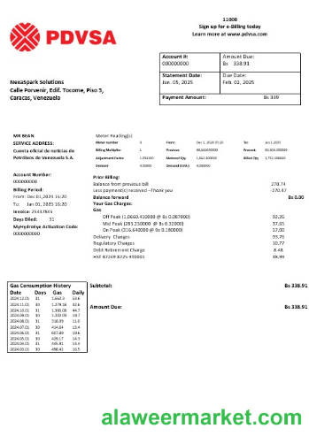 Venezuela PDVSA Gas business utility bill template in Word and PDF formats